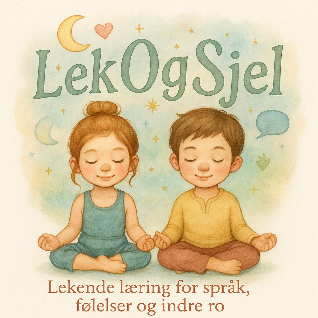 LekOgSjel – to barn i meditasjon med logoen LekOgSjel: Lekende læring for språk, følelser og indre ro